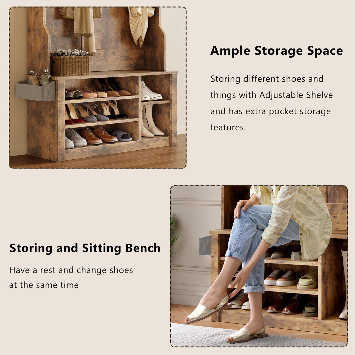 Aiho Entryway Hall Tree with Bench and Storage, 3-in-1 Hall Tree with Coat Rack, Adjustable Shoe Bench, 2-Tier top Storage, for Hallway, Entryway, Bedroom, Rustic Brown Aiho