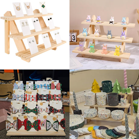 Acrux7 2 Pack 3 Tier Wooden Display Stand, Wooden Earring Display Wood Cupcake Stands, Detachable Wood Tiered Jewelry Card Display Stand with Groove for Jewelry Cupcake Vendors Retail Party Home Acrux7