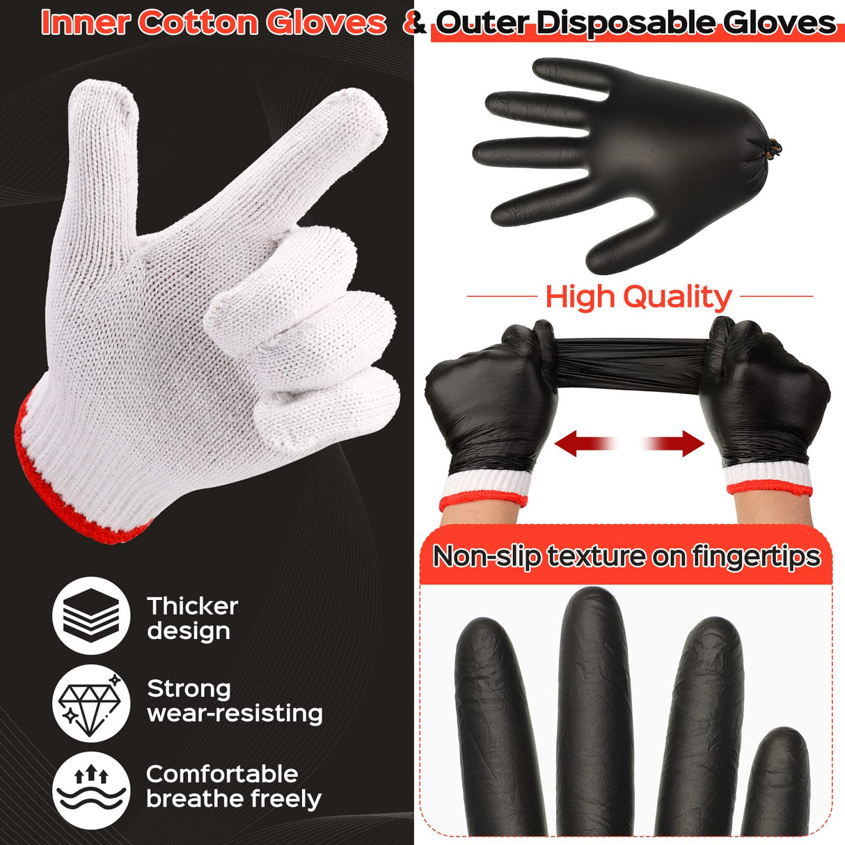 200 Pcs Disposable BBQ Gloves Nitrile Gloves with 4 Pairs Cotton Liners Grilling Gloves for Barbecue Smoking Meat Cooking(X-Large,Black, White) Janmercy