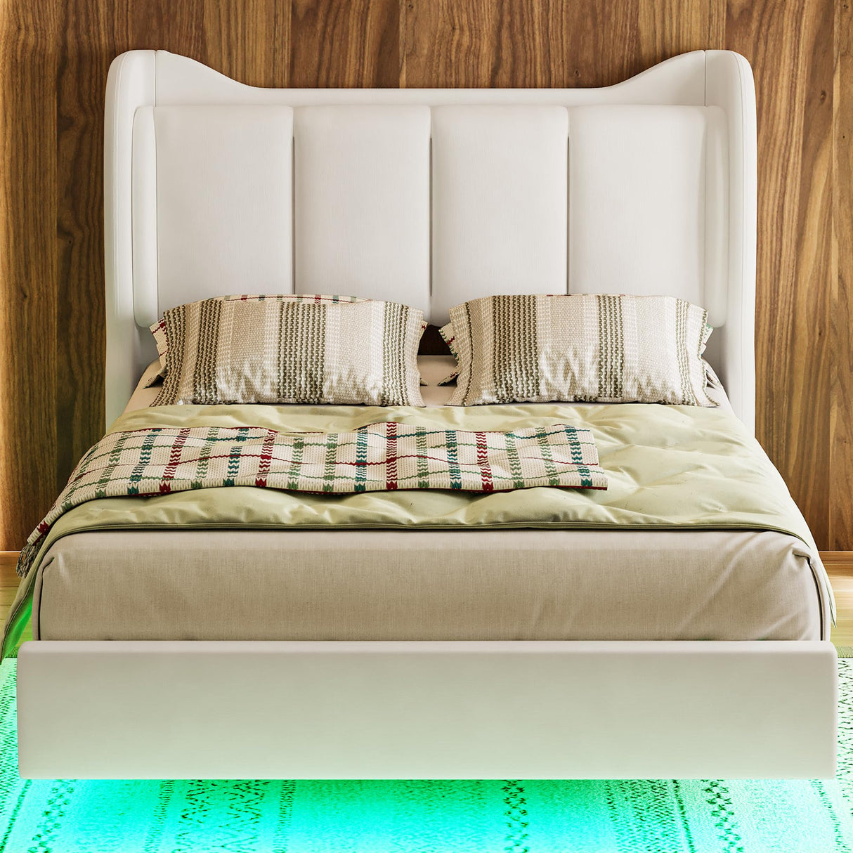 LIKIMIO Full Bed Frame with Headboard, Velvet Upholstered Platform Bed with LED Light, Solid Wood Slats Support, No Box Spring Needed, Cream LIKIMIO