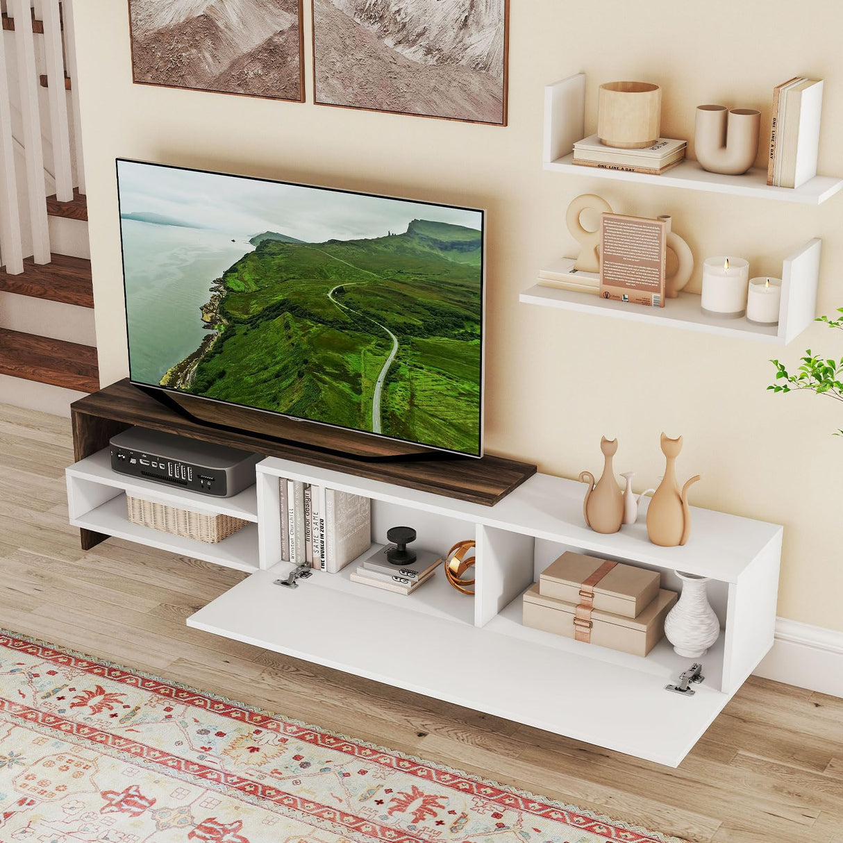 Tangkula White TV Stand with 2 Wall Shelves, Modern Entertainment Center for TVs up to 80 Inches, TV Cabinet with 2 Storage Compartments and Cabinet, Media Console Table for Living Room, Study (White) Tangkula