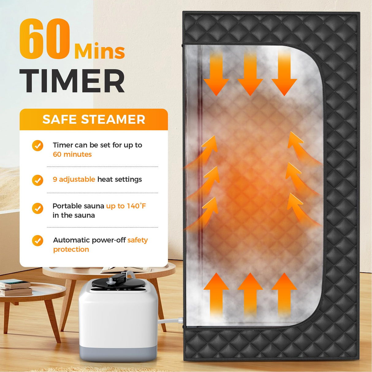 Lajou Portable Sauna Box for Home Steam Sauna Indoor Foldable Sauna Tent Personal Full Body Spa with 3L 110V 1200W Steamer, Remote Control, Folding Chair, 9 Levels, Black, 35.4"x35.4"x70.9" Lajou