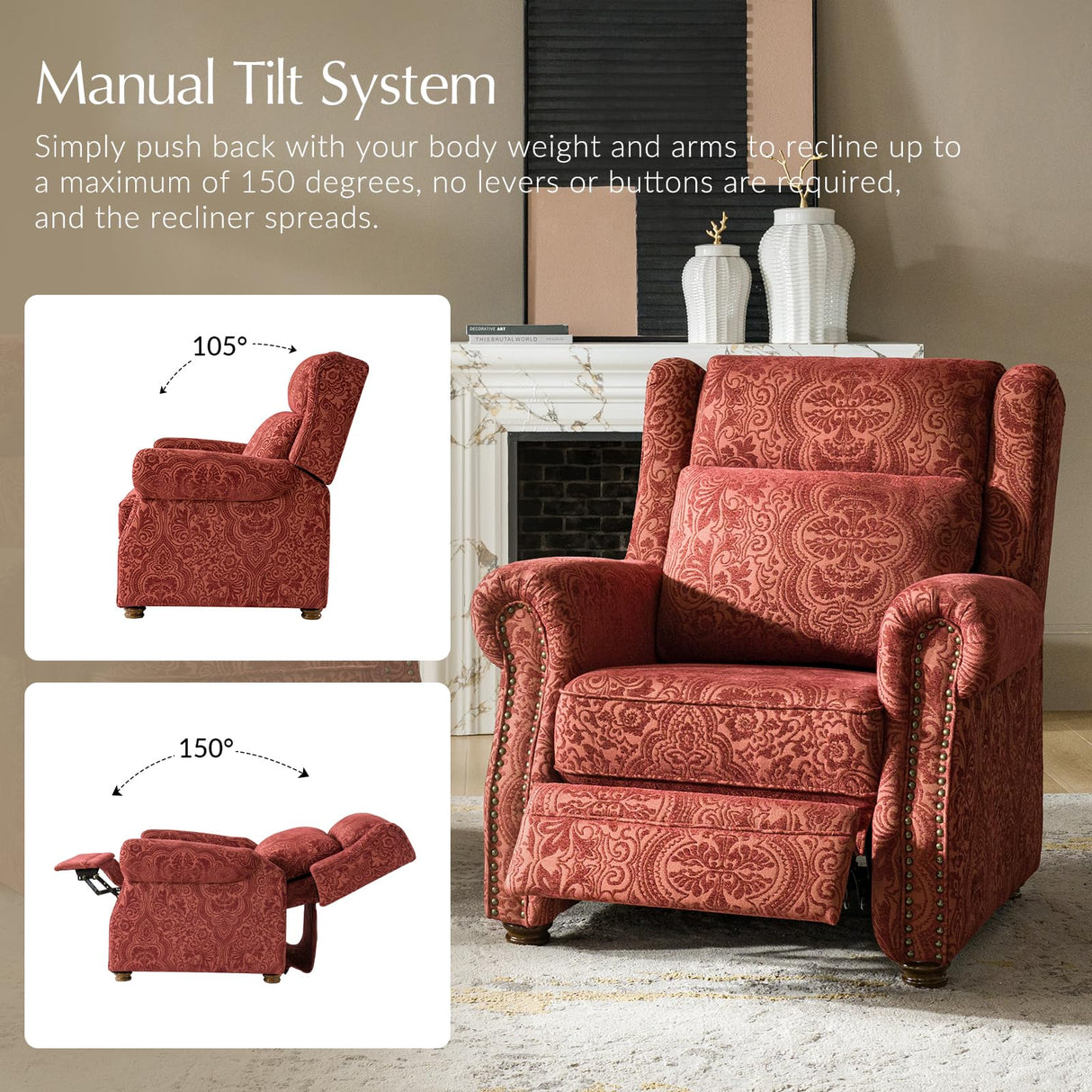 HULALA HOME Printed Fabric Manual Recliner, Traditional Push Back Recliner Armchair with Adjustable Backrest & Footrest, Comfy Upholstered Lazyboy Single Sofa with Nailhead Trim, Damask Floral HULALA HOME