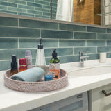 13.8 inch Round Rattan Tray, Decorative Coffee Table Tray, Ottoman Tray, Woven Serving Tray with Handles, Wicker Serving Basket, Whitewash YANGQIHOME