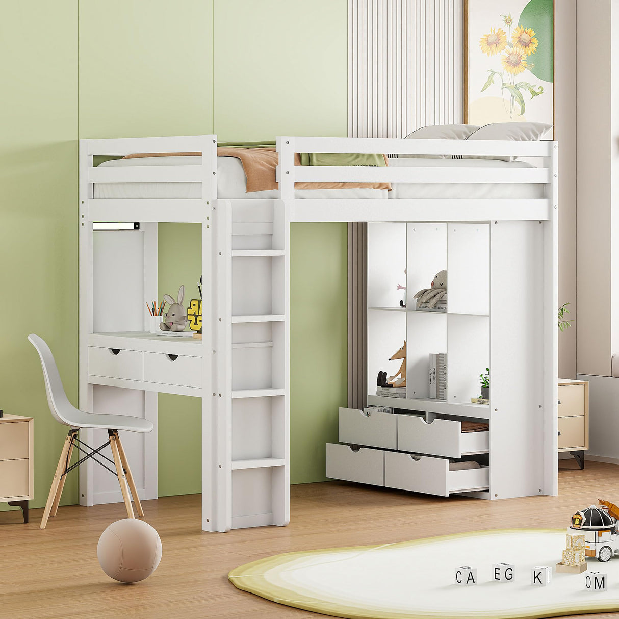 Bellemave Twin Size Loft Bed with Desk and LED Light - Stylish Wooden Frame with Storage for Kids and Adults, White Bellemave