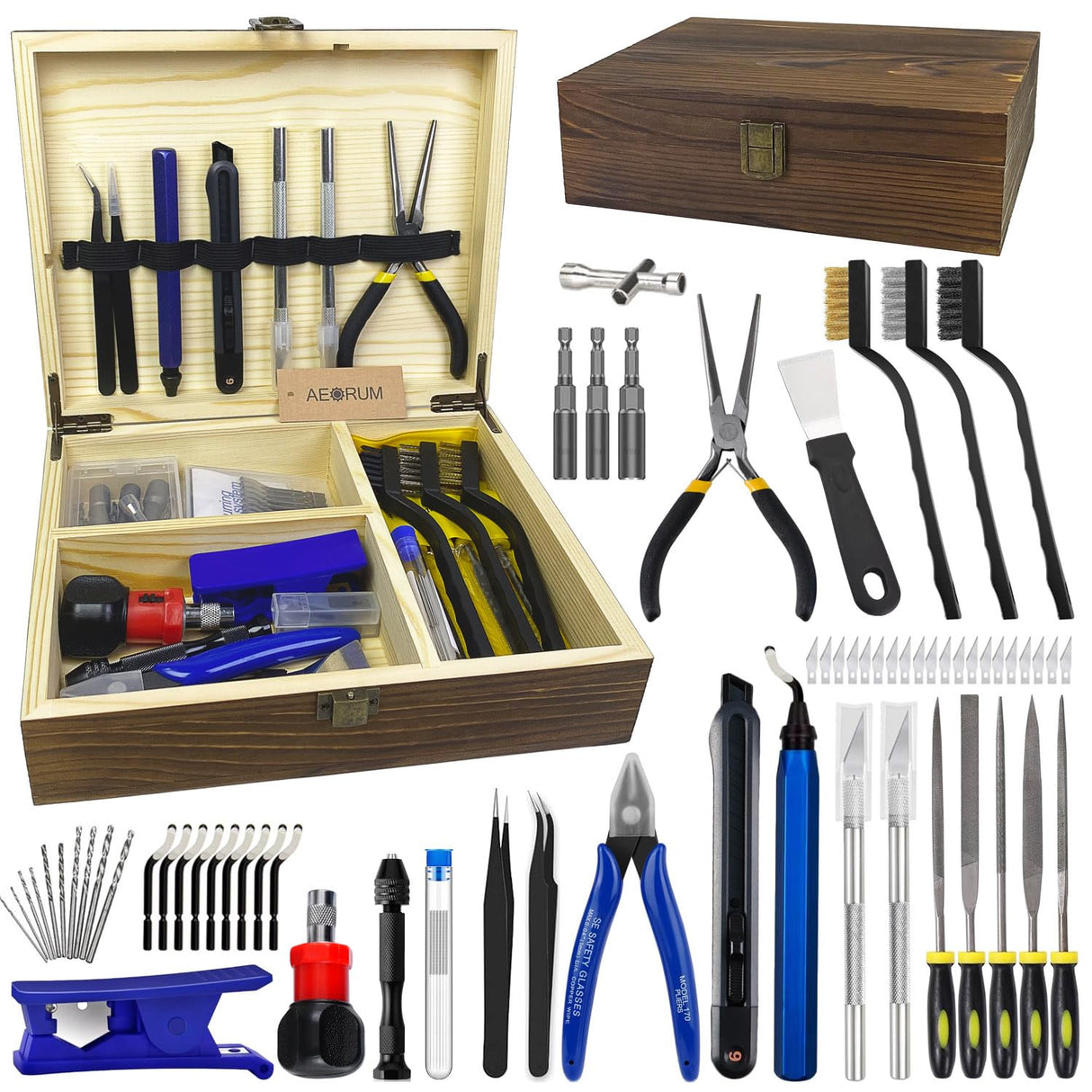 AEORUM 3D Printer Tools, 70 Pcs 3D Printer Accessories Kit with Wood Toolbox Includes 3D Printer Nozzle Cleaning Kit, Deburring Tool,Tube Cutter for 3D Printer AEORUM