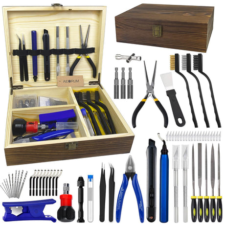 AEORUM 3D Printer Tools, 70 Pcs 3D Printer Accessories Kit with Wood Toolbox Includes 3D Printer Nozzle Cleaning Kit, Deburring Tool,Tube Cutter for 3D Printer AEORUM