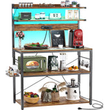 Aheaplus Bakers Rack with Power Outlet, Microwave Stand, 5 Tiers Coffee Bar Station with Led Lights, Kitchen Storage Shelf with 6 S-Shaped Hooks, Kitchen Rack Coffee Bar Stand, Rustic Brown Aheaplus