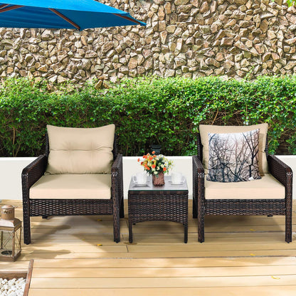 Tangkula 3 Piece Outdoor Patio Furniture Set for 2, Wicker Chairs with Glass Top Coffee Table, Thick Cushions, All Weather Garden Lawn Poolside Backyard Porch (Brown) - WoodArtSupply