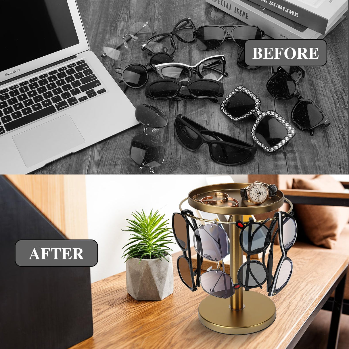 kondyfayo 360° Rotating Sunglass Organizer Storage, Stainless Steel Glasses Holder Stand, Glasses Organizer with Tray for Desk, Dresser, Tabletop, Nightstand and Home Decor (Gold) kondyfayo