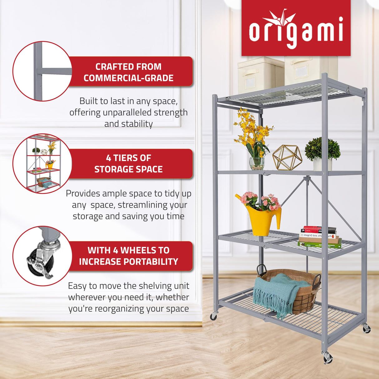 Origami 4-Tier Storage Shelves on Wheels, Steel Shelving Holds 1000 pounds, Heavy Duty Garage Storage & Organization, Closet Organizer, Utility Shelf Origami