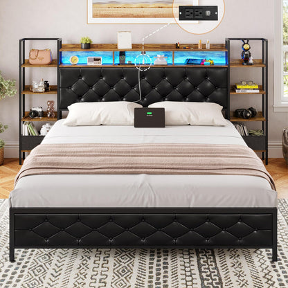 Modern DICTAC Queen Metal Platform Bed Frame with Storage Headboard, LED Lights & Charging Station in Black - WoodArtSupply