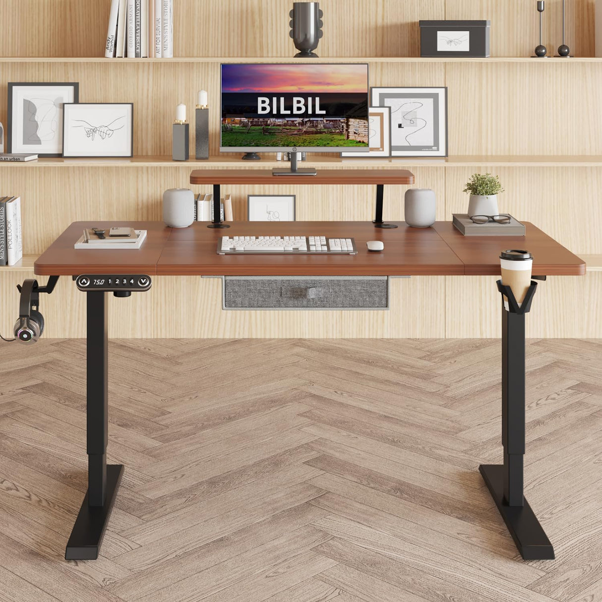 bilbil Electric Standing Desk with Drawer, 55x30 Inches Adjustable Height Sit Stand Up Desk with Storage Shelf, Home Office Desk Computer Workstation with Dark Walnut Top/Black Frame bilbil