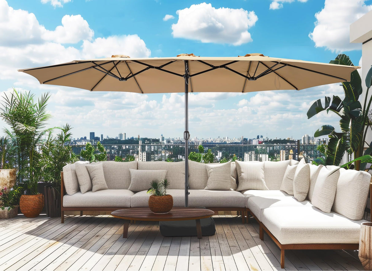 Bigroof 15ft x 9ft Patio Double-Sided Umbrella with Base & Crank, Extra Large Rectangular Outdoor Umbrella for Patio, poolside Lawn & Garden, Beige Bigroof