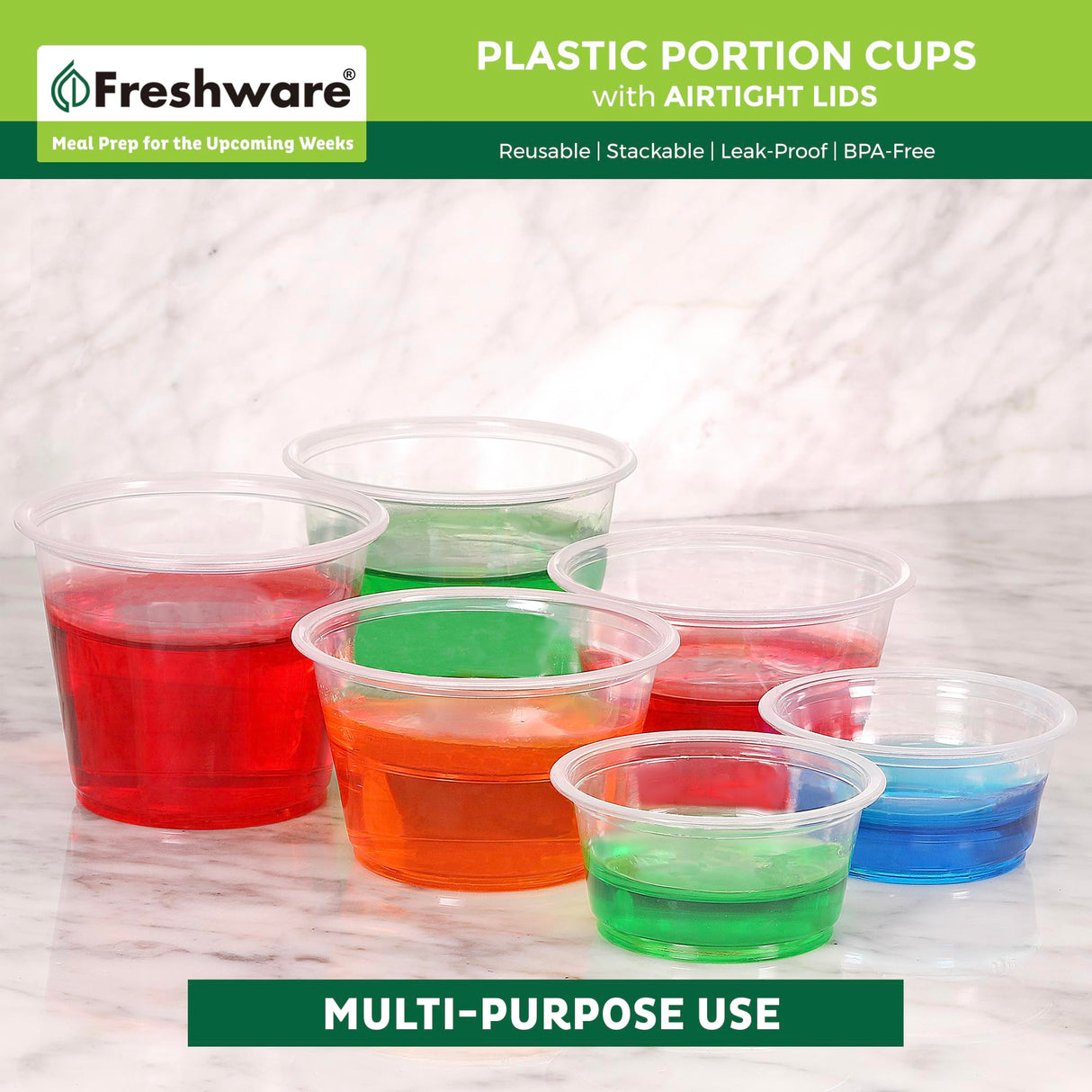 Freshware Plastic Portion Cups with Lids [2 Ounce, 100 Sets] Disposable Plastic Cups for Meal Prep, Salad Dressing, Jellos Shot Cups, Souffle Cups, Condiment and Dipping Sauce Cups Freshware