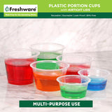 Freshware Plastic Portion Cups with Lids [2 Ounce, 100 Sets] Disposable Plastic Cups for Meal Prep, Salad Dressing, Jellos Shot Cups, Souffle Cups, Condiment and Dipping Sauce Cups Freshware