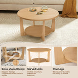 BECHAEO 31.5'' Round Coffee Table with Solid Wood Pine Legs, 2-Tier Retro Round Coffee Table with Storage Shelf, Small Modern Wood Circle Coffee Table Boho Round Center Table for Living Room (Natural)