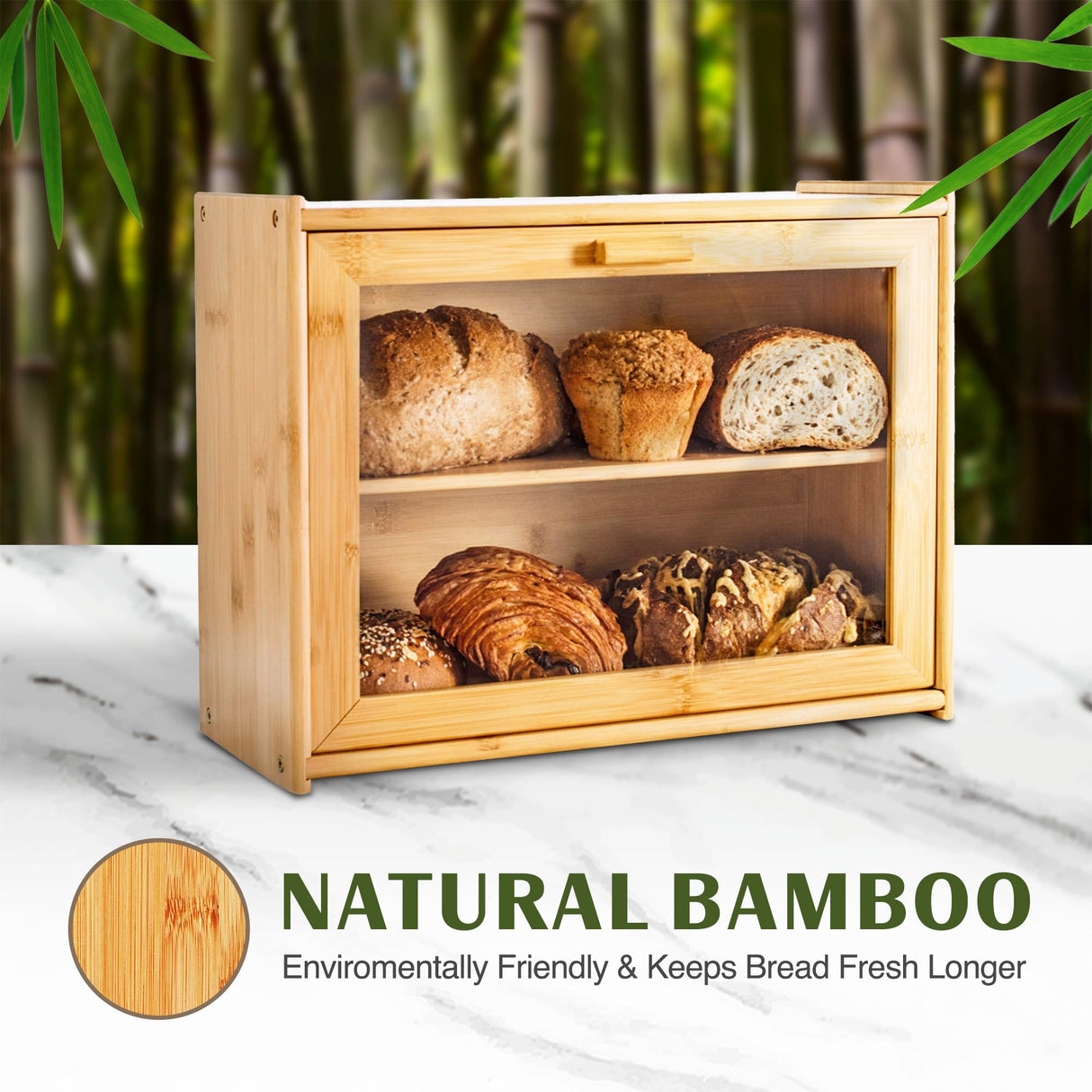 Laura's Green Kitchen Bread Box - Bamboo Bread Box For Kitchen Countertop | Bread Storage For Homemade Bread, Double Layer Bread Box For Kitchen Counter, Farmhouse Bread Container, Wood Breadbox Laura's Green Kitchen