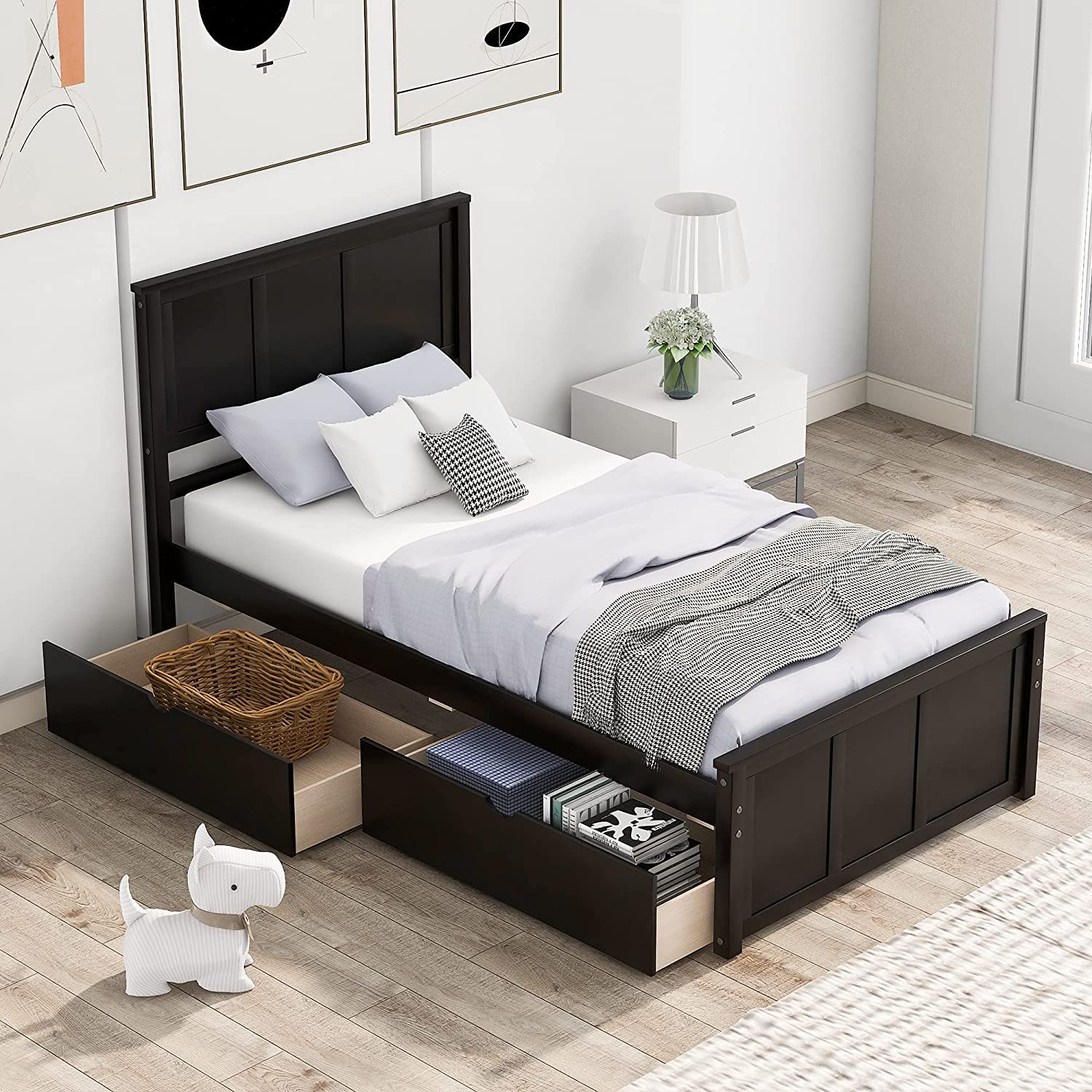 Harper & Bright Designs Twin Bed with Storage Drawers, Solid Wood Platform Bed Frame with Headboard - Espresso - WoodArtSupply