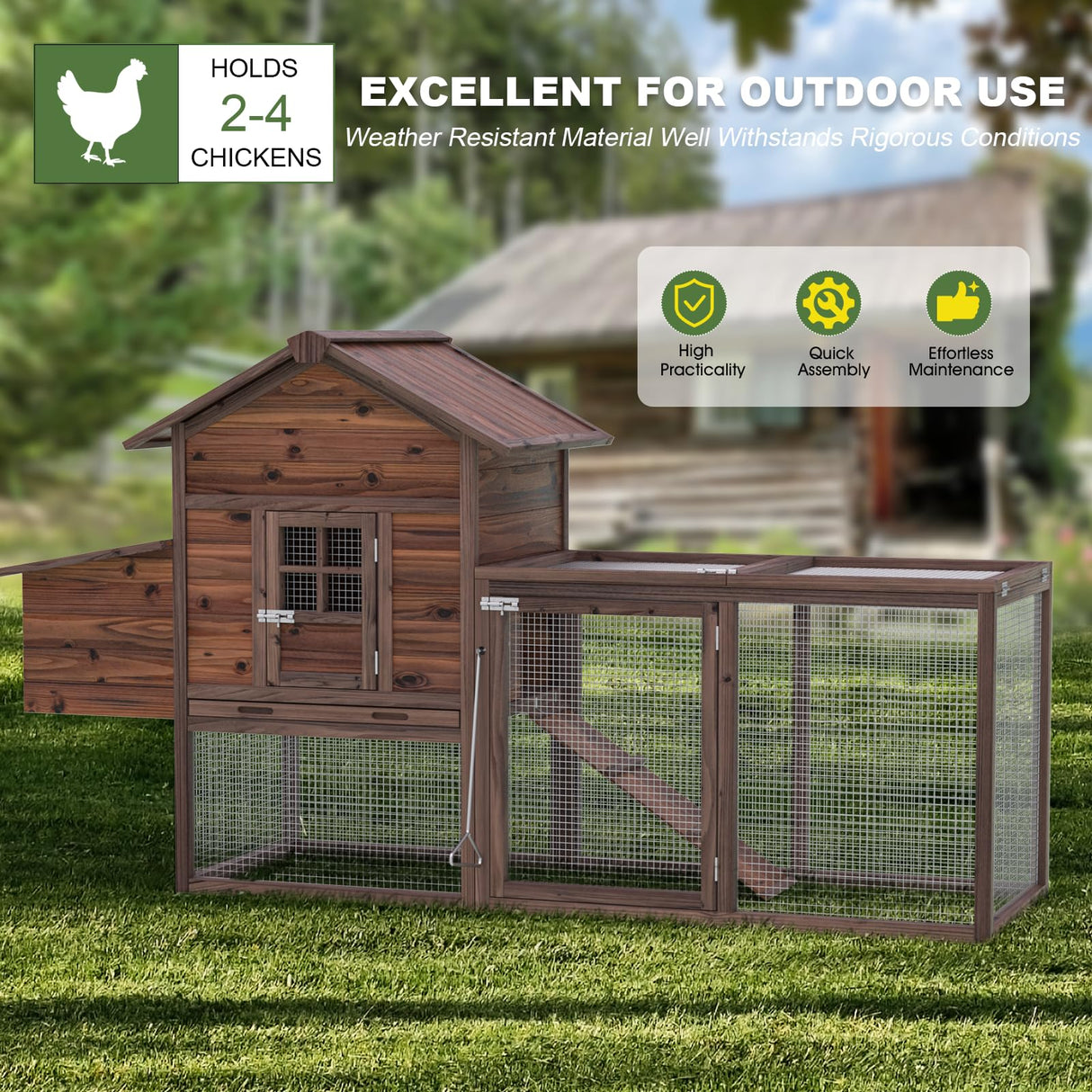Wooden Chicken Coop Large Walk-in Outdoor Hen House with Nesting Box and Run,Poultry Cage Rabbit Hutch Waterproof UV Panel Cover for 2-4 Chickens 80''H Deep Brown #821 (80.75" L x 22" W x 44.5" H) Grezone
