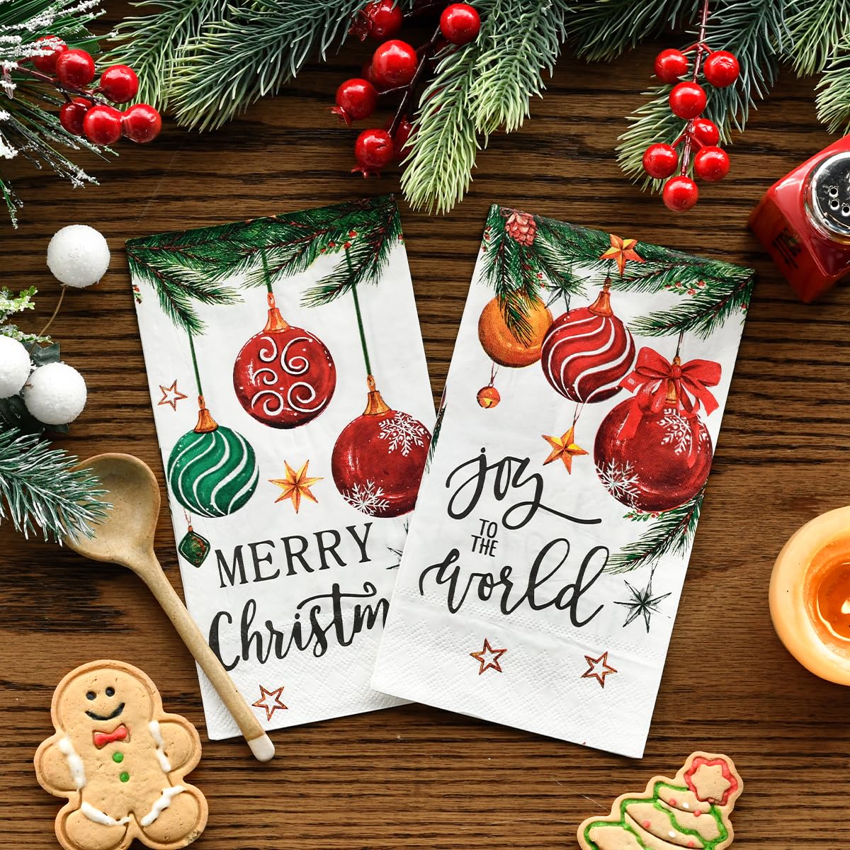 Horaldaily 100 Christmas Disposable Paper Decorative Guest Napkins, Xmas Balls for Party Lunch Dinner Kitchen Bathroom Horaldaily