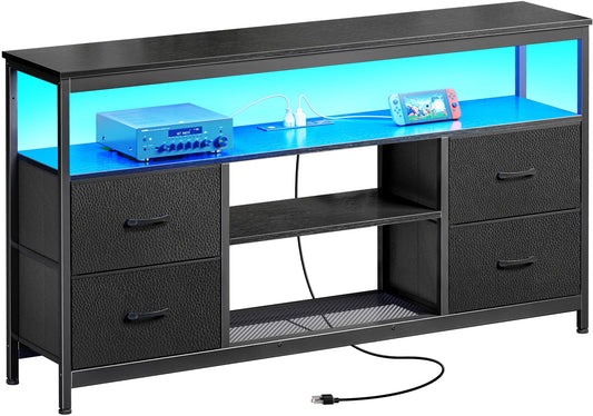 Huuger TV Stand Dresser with Power Outlets and LED Lights, 4 Drawers Entertainment Center with Shelf, 54 Inch Media Console for 55 60 Inch TV, 4 AC Outlets, 2 USBs, Dresser with PU Finish, Black