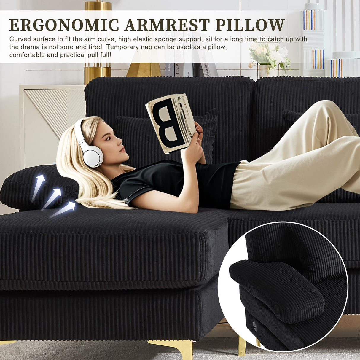 VYNELITO U Shaped Sectional Sofa Couch, 4 Seat Sofa with Double Chaise Lounge for Living Room, 104" Comfy Corduroy Couch with USB and Lights, Black Corduroy VYNELITO