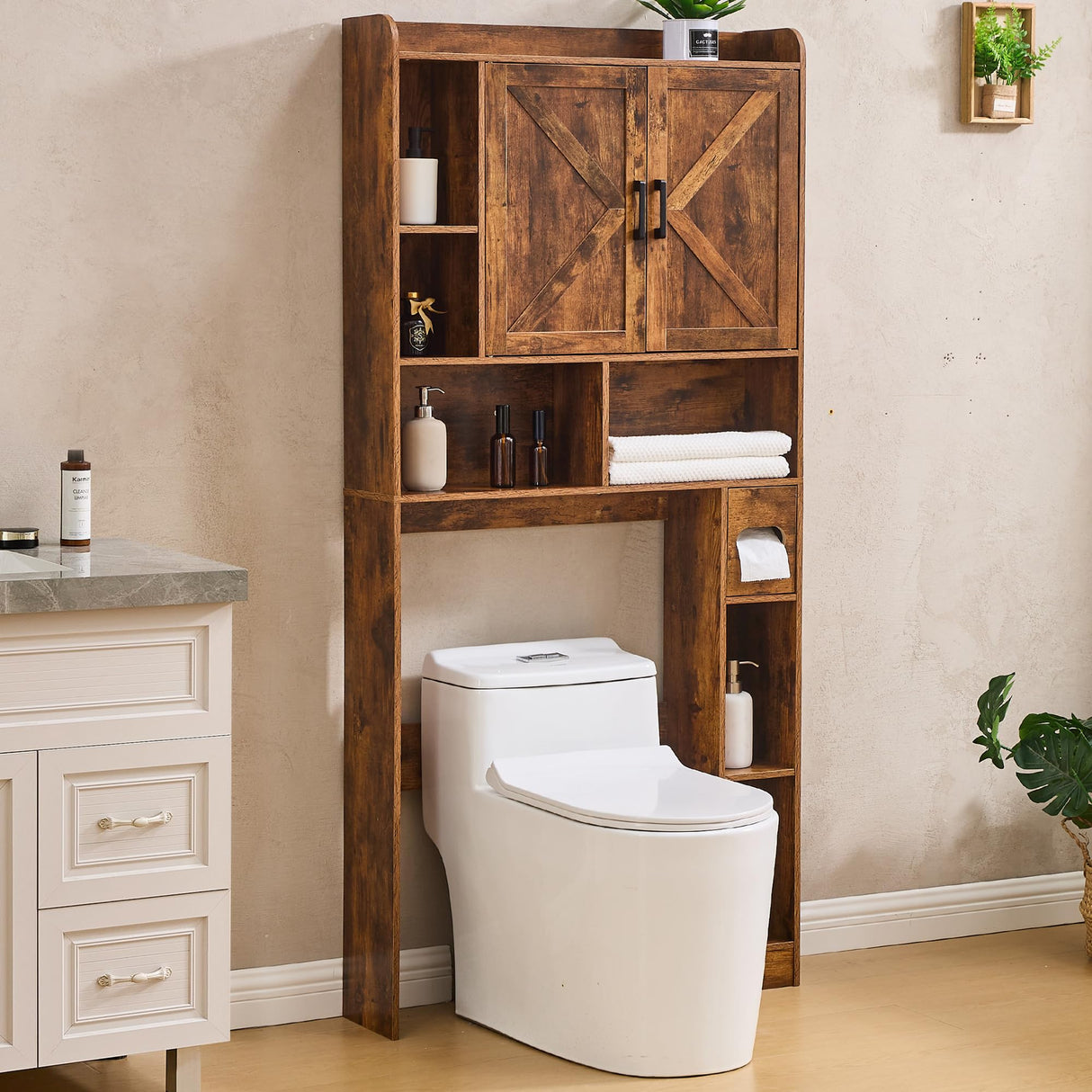 Viroformo Over The Toilet Storage Cabinet, Farmhouse Storage Cabinet 32 Inches Width Over Toilet with 2 Barn Door and Toilet Paper Holder Stand, White Toilet Rack for Bathroom, Laundry, Restroom Viroformo