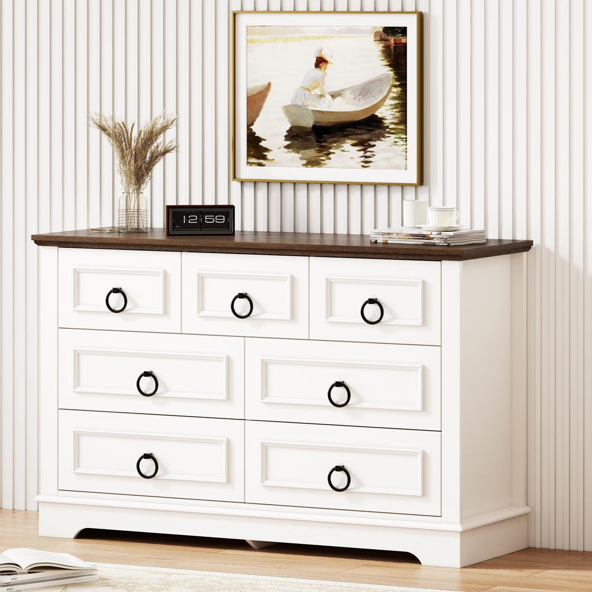LIKIMIO Farmhouse 7 Drawer Dresser for Bedroom, Wood Rustic Chest of Drawers with Round Metal Handle, Large Storage Dresser Organizer TV Dresser for Living Room, Hallway, Entryway, Off White LIKIMIO