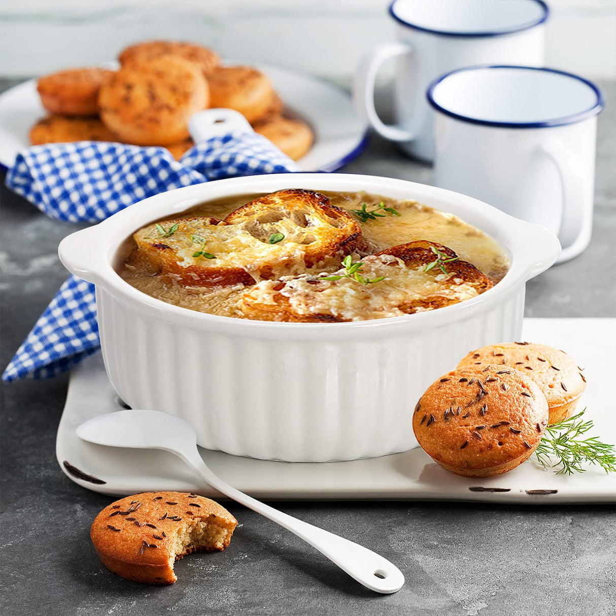 Mezchi 6 Pack Porcelain Ramekins with Handles, 14 Oz Ceramic Creme Brulee Souffle Baking Dishes Bowl, French Onion Soup Bowls for Ramen, Stew, Lava Cakes, Dishwasher, Oven, Microwave Safe, White Mezchi