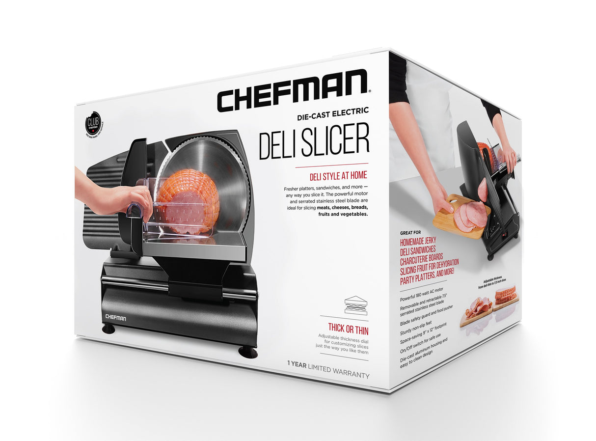 Chefman Electric Deli Slicer With Adjustable Slices, Stainless Steel Blades, Safe Feet - For Ham, Cheese, Bread, Fruit & Veggies Chefman
