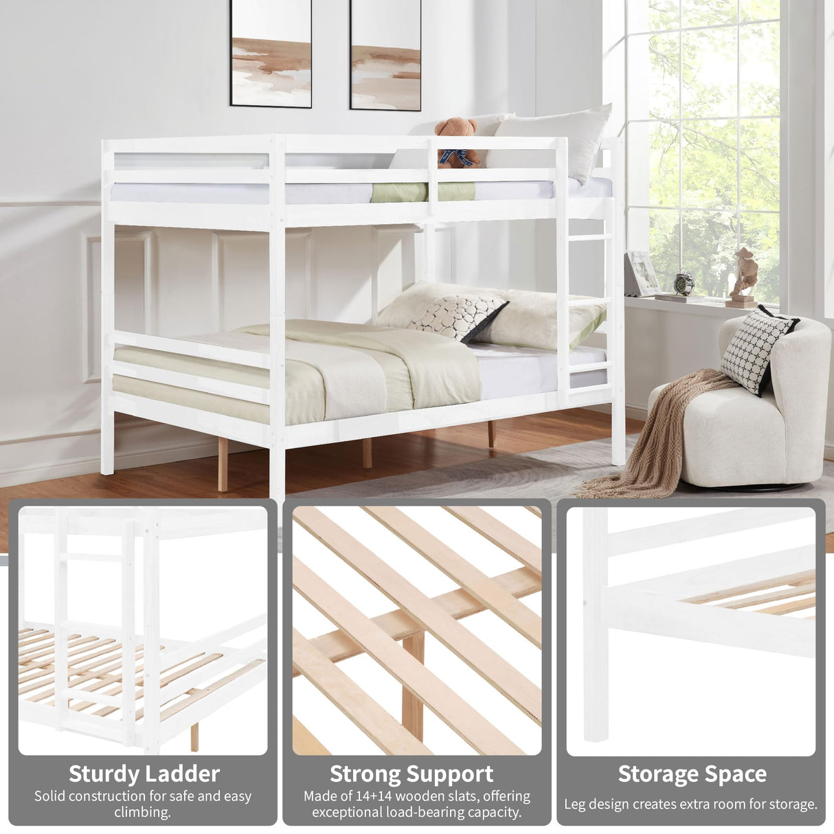 FLEXISPOT Full Over Full Solid Wood Bunk Bed with Ladder,Wooden Bunk Bed with High Guardrail and Ladder for Kids, Teens, Dorm Rooms, and Guest Rooms,No Box Spring Needed,White FLEXISPOT