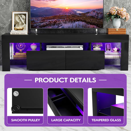 JUMMICO TV Stand with LED Lights, Modern Entertainment Center Media and Open Shelf Console Table Storage Desk with 1 Drawer and Remote Control 20 Color LED Lights up to 70 Inch TV (Black) JUMMICO