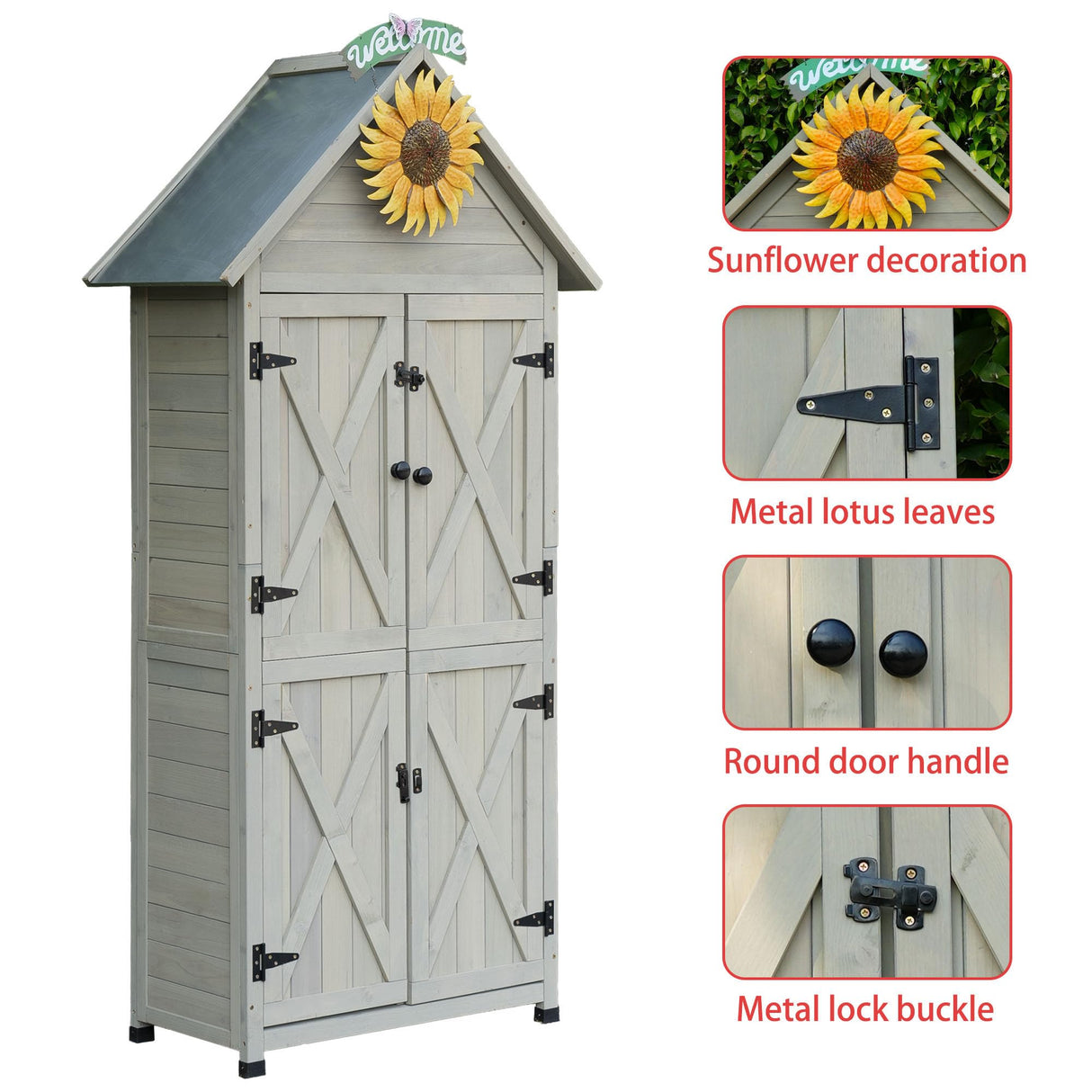 FTCBNet Outdoor Storage Cabinet with Sloping Waterproof Galvanized Sheet Roof 70" Wooden Garden Shed Lockable Tool Cabinet with 4 Removeable Shelves for Patio Backyard Lawn Yard (Gray) FTCBNet