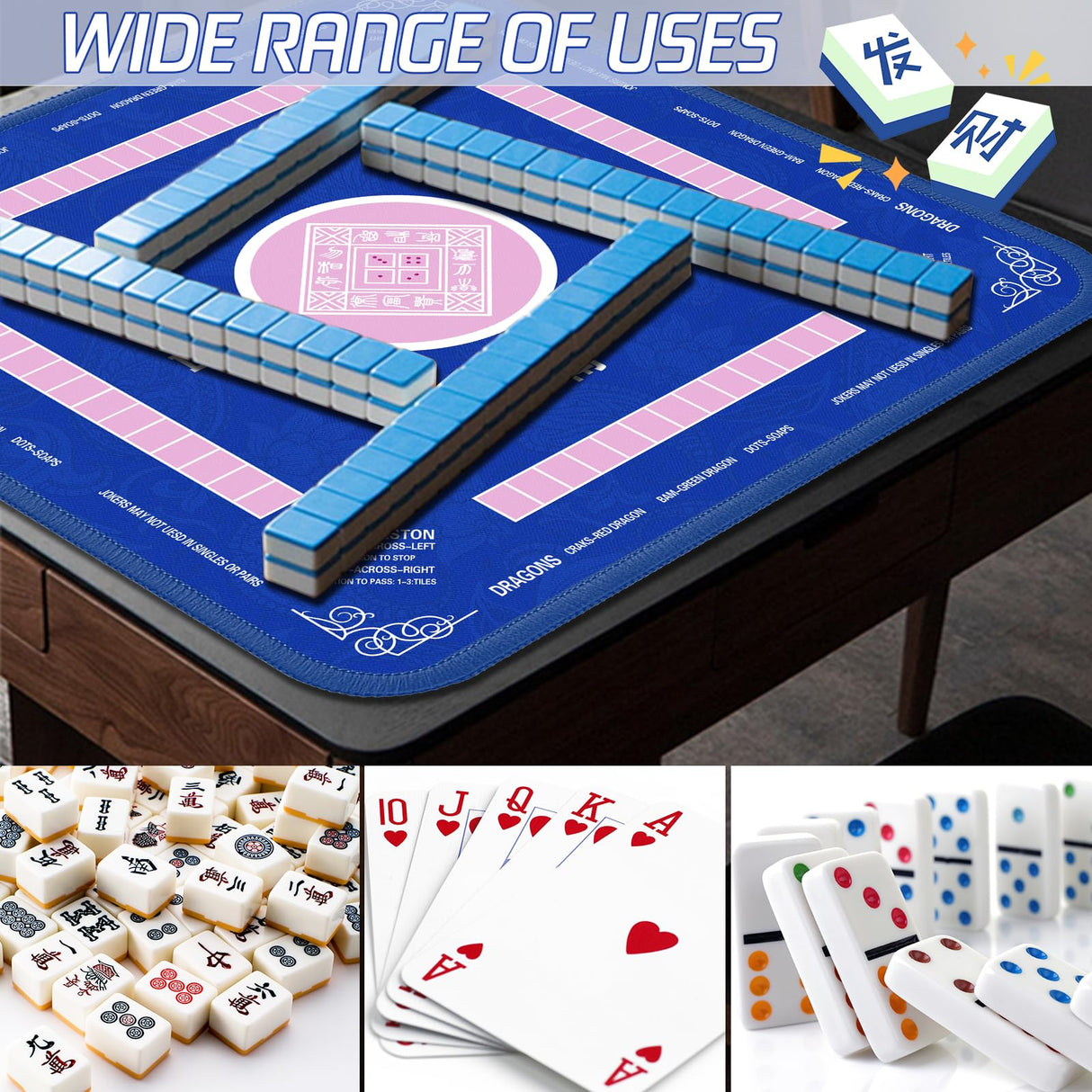 2F22E Mahjong Mat - Non-Slip Noise Reduction Gaming Mat 32.4x32.4 Inch for Mahjong/Poker/Board Games/Card Games/Dominoes (Blue) 2F22E