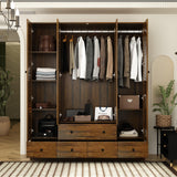 ECACAD Large Wardrobe Armoire with Multi-Tier Shelves, 5 Drawers, Hanging Rod & 4 Louver Doors, Wooden Closet Storage Cabinet for Bedroom, Black Brown (59.1”W x 19.1”D x 70.5”H) ECACAD