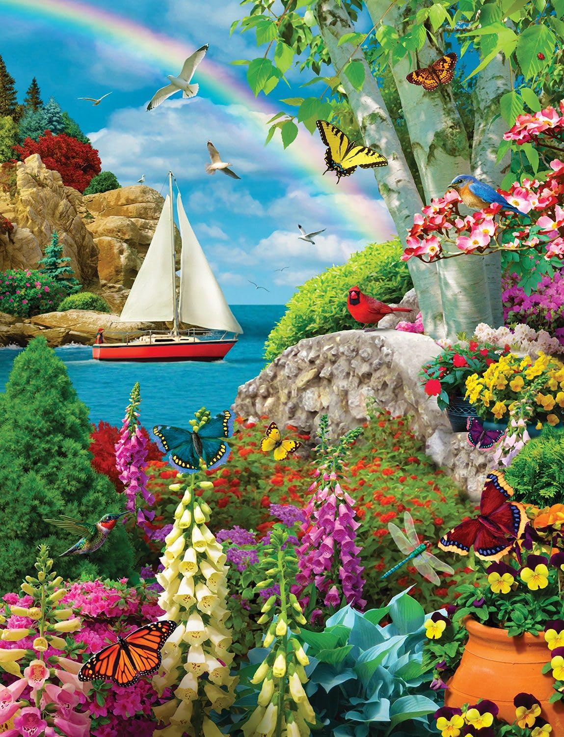 Springbok Stairway to Serenity 500 Piece Jigsaw Puzzle for Adults by Arist Alan Giana - Colorful Garden by The Ocean - Finished Size 23.5" x 18" Springbok