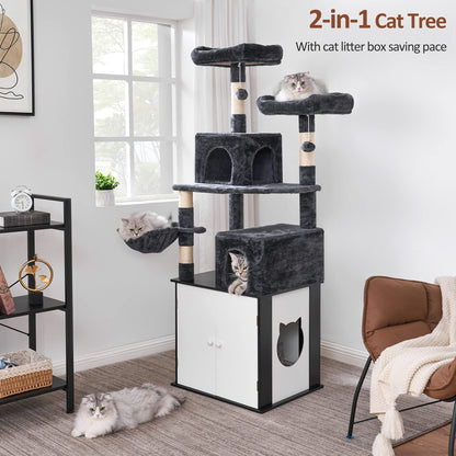 BEWISHOME Cat Tree with Litter Box Enclosure All-in-one Indoor Cat Hidden Litter Box Furniture Cat Tower with Large Cat Condo Modern Cat House with Scratching Posts MMJ81D