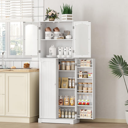 HOME BI 64" Kitchen Pantry Cabinet, Tall Freestanding Pantry with Glass Doors,Wooden Food Pantry Storage Cabinet for Home Kitchen, Dining Room, Living Room(White, 23.62W x 11.81D x 63.58H)