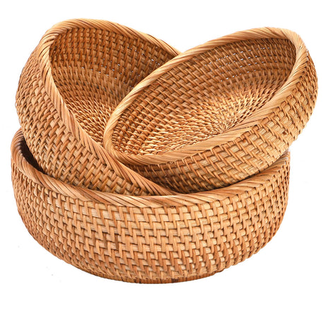 Jucoan 3 Pack Round Rattan Fruits Bread Baskets, Vintage Hand-woven Wicker Fruit Serving Baskets Bowls for Candy, Snack, Keys, Kitchen Countertop, 3 Size Jucoan