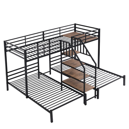 Harper & Bright Designs Triple Bunk Bed with Storage Stairs, Twin Over Twin & Twin Bunk Bed for 3, Metal Bunk Bed with Shelves for Kids Teens Adults, No Box Spring Needed (Black)