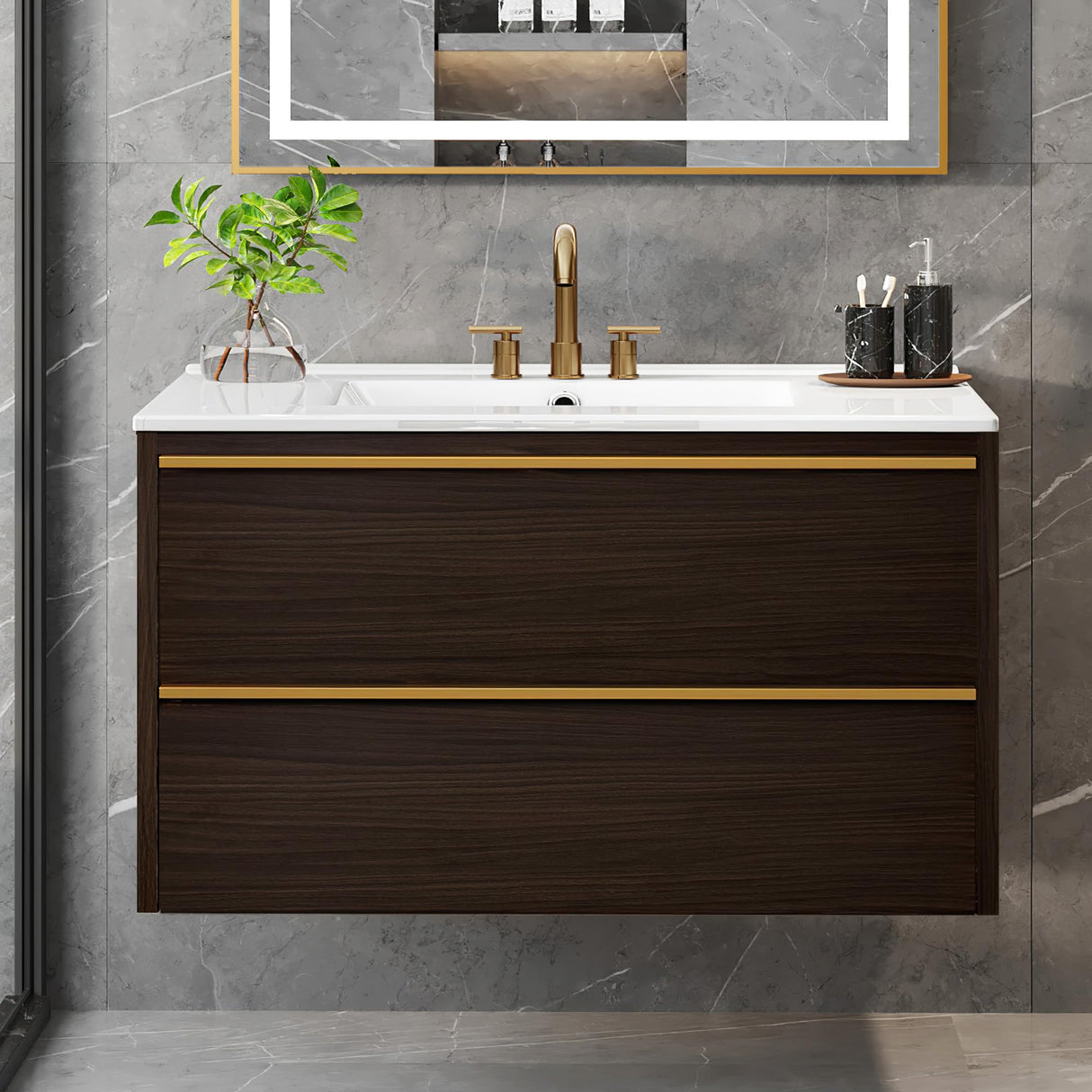 DWVO 32 Inch Bathroom Floating Vanity with Sink Combo, Wall Mount Bathroom Vanity Sintered Stone Countertop & Integrated Sink, Bathroom Cabinet Includes Ceramic Sink with Cabinet, Oak Grey DWVO