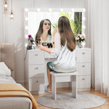 VOWNER Vanity with Lighted Mirror - Makeup Vanity Desk with Power Outlet and 7 Drawers, 3 Color Lighting Modes Adjustable Brightness, 44" Vanity Table with Soft Cushioned Stool for Women Girls, Marble VOWNER