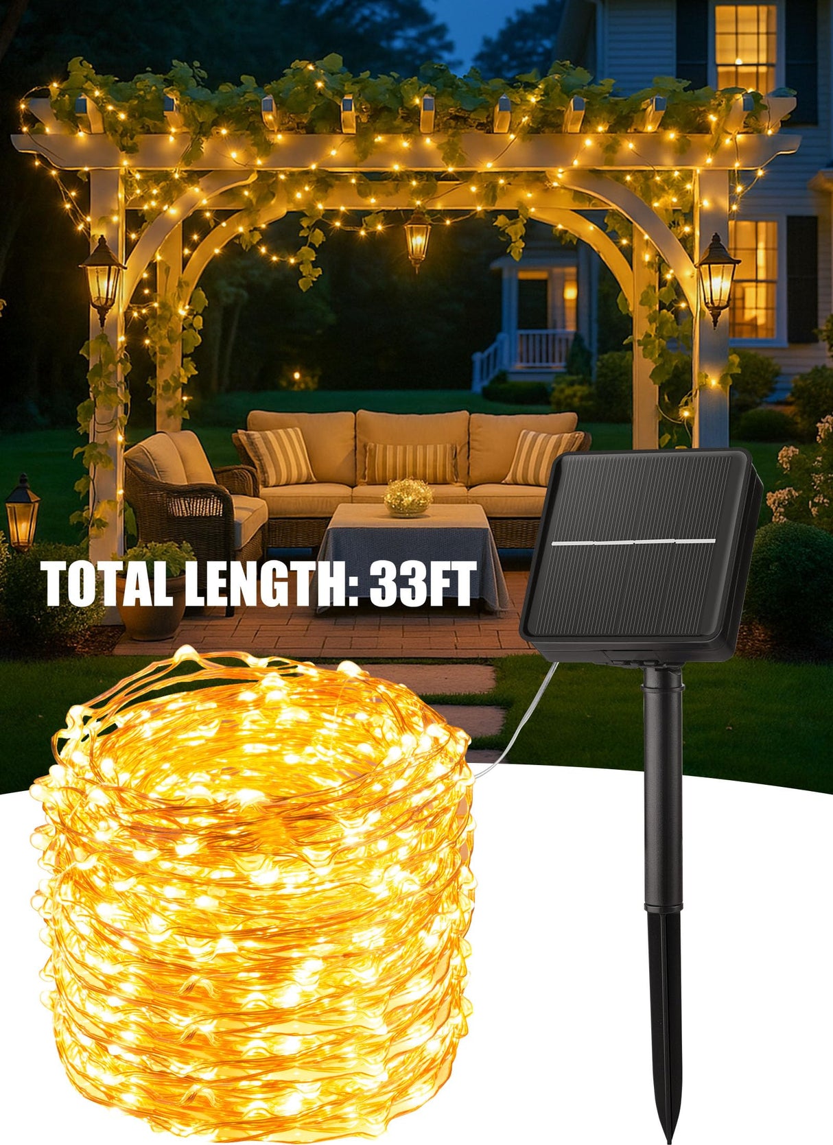 Minetom Solar String Lights for Outside, 33Ft 100 LED Outdoor Solar Fairy Lights, 8 Modes Balcony Lights for Tree Patio Christmas Party Wedding Decor (Warm White) Minetom