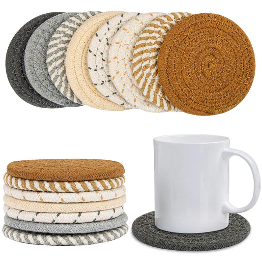 Woven Cotton Drink Coasters - MAQIHAN 8 PCS Woven Coasters for Drinks Hand Round Boho Coasters Fabric Coasters Drink Coasters Absorbent Coffee Coasters for Home Decor Farmhouse Drink Desk Coaster