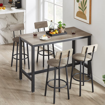 Industrial Grey Bar Table Set with 4 PU Backrest Stools – 5-Piece Counter Height Dining Ensemble