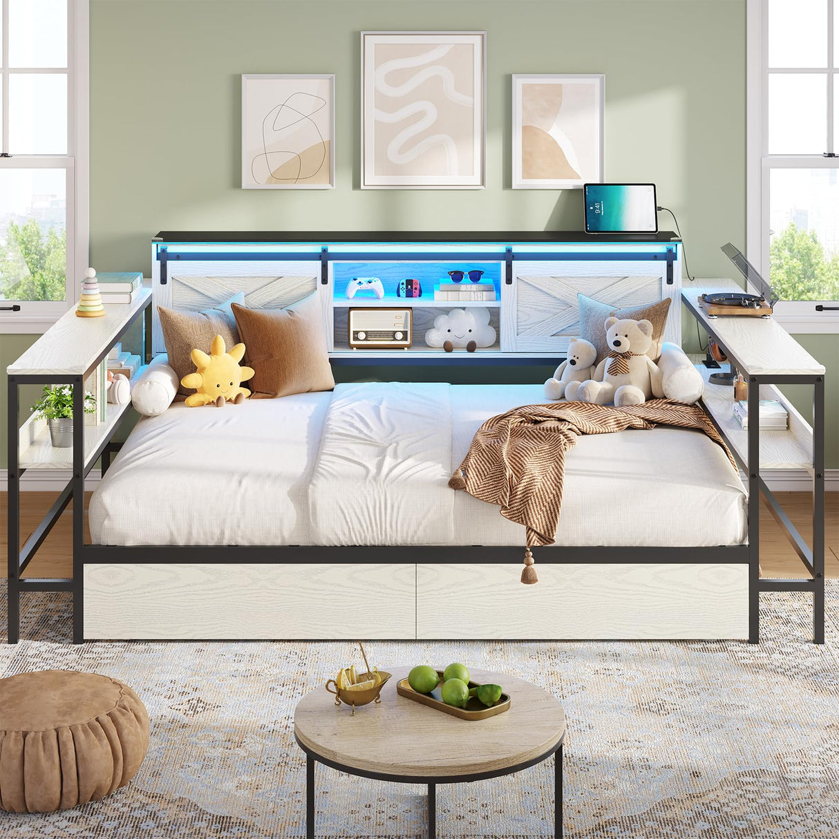 DICTAC Corner Full Bed Frame with Storage Drawers and Charging Station Farmhouse Metal Platform Bed Frame with Sliding Barn Doors and Led Lights Full Daybed with Storage Headboard,Black & White DICTAC