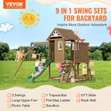 VEVOR Wooden Swing Set, 9 in 1 Outdoor Playground Sets for Backyards, 2 Swings, Trapeze Bar, 6 FT Slide, Large Upper Fort with Kitchen Toys, Flat Step Ladder, Rock Wall, Picnic Table, Sandbox VEVOR