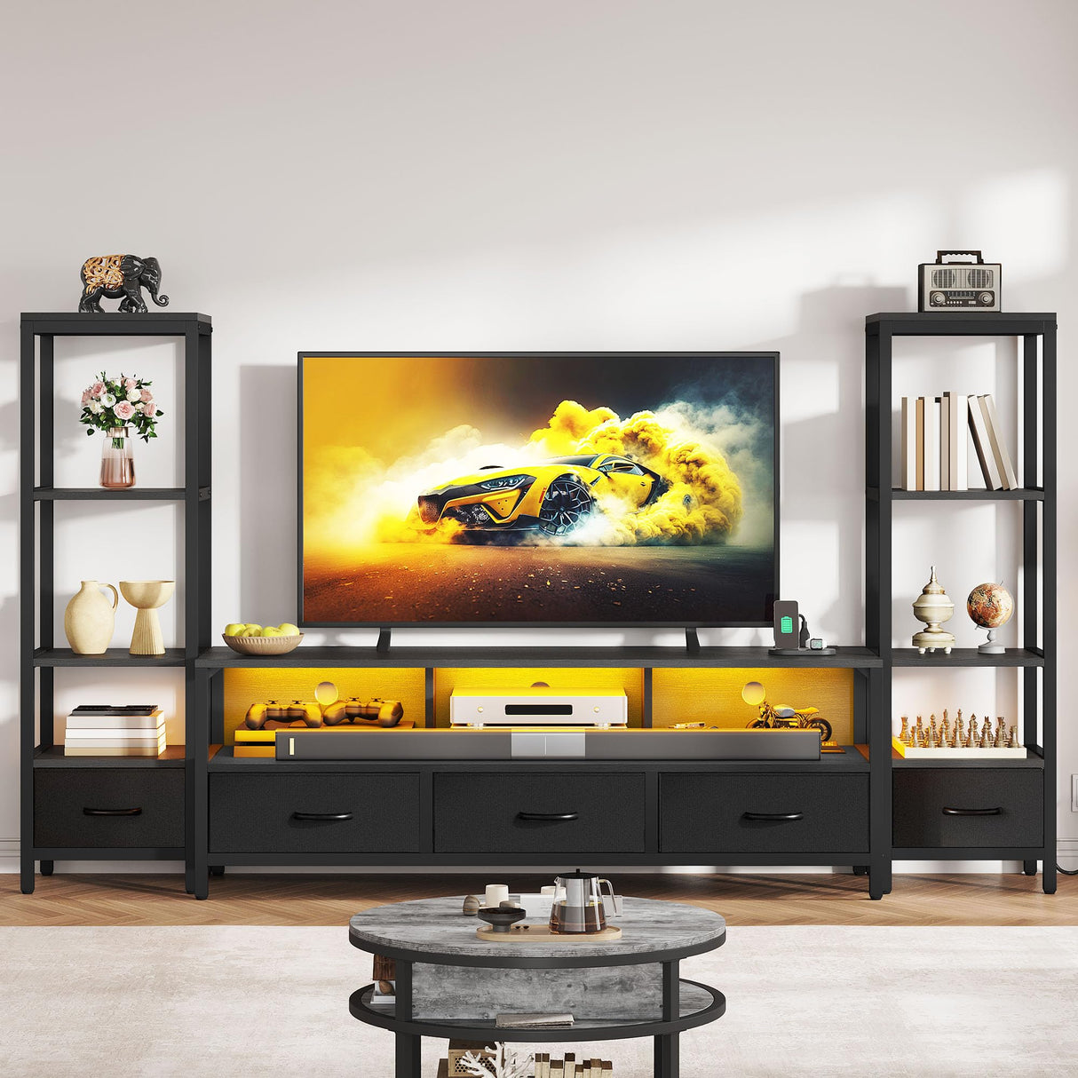 DWVO Entertainment Center with Bookshelves, LED TV Stand for 65/60 inch TV, Black TV Stand for Living Room with 2 Modern 4-Tier Bookshelves & Power Outlets, Black DWVO