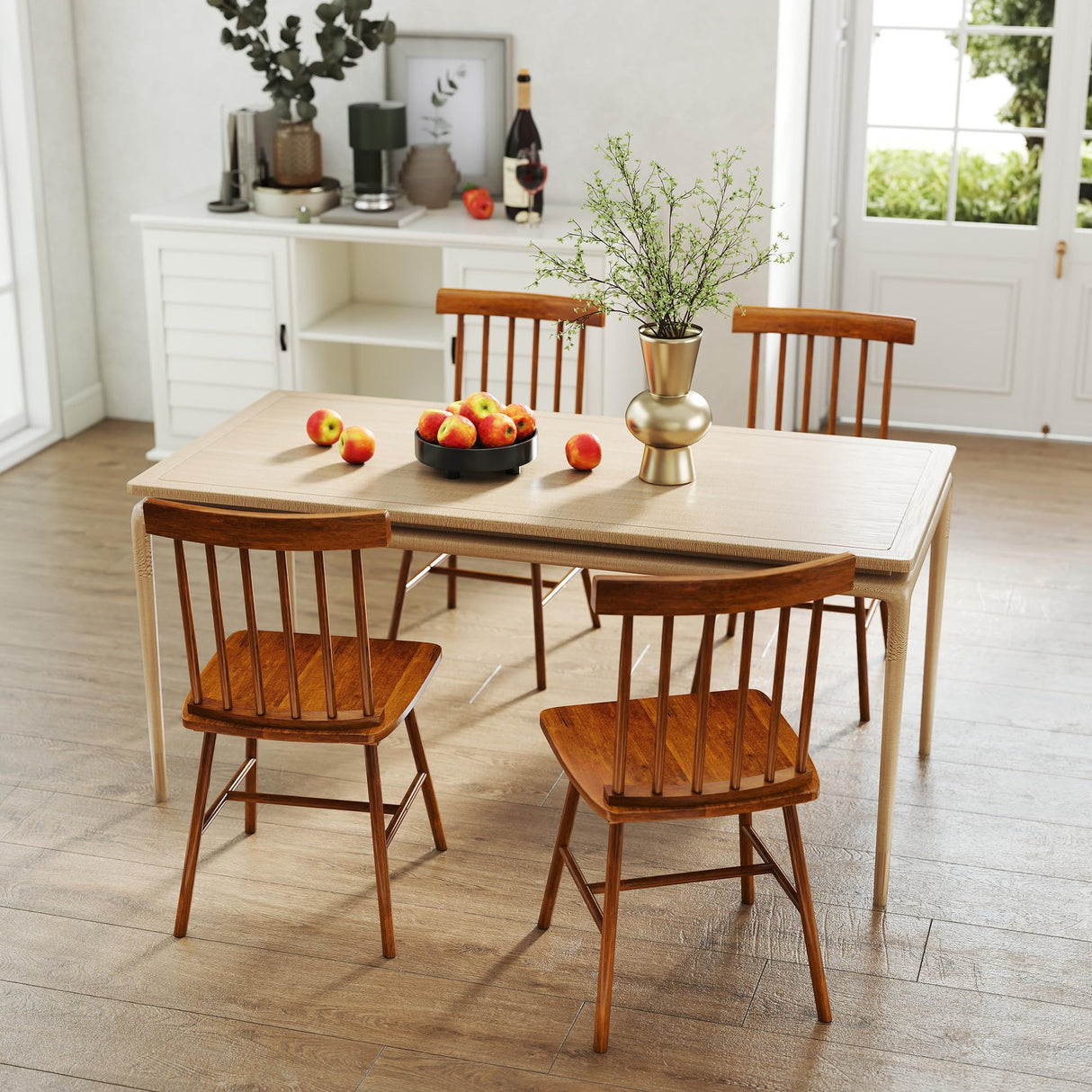 HOMCOM Windsor Dining Chairs Set of 4, Farmhouse Wooden Kitchen Chairs with Rubber Wood Frame and Spindle Backrest for Dining Room, Living Room, Light Brown HOMCOM